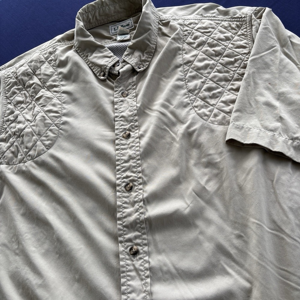 L.L.‎ Bean Men's XL Khaki Short Sleeve Shooting Hunting Shirt Quilted Patches